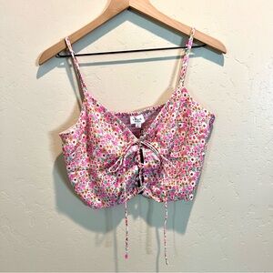 Lelis Pink Floral Crop Top Lace-Up Tie Front boho chic‎ cottagecore Large NWT